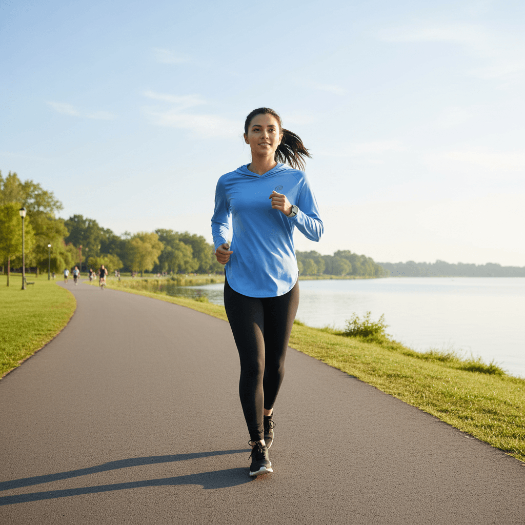 Women's Hooded Sun Protection Running Shirt – UPF Long Sleeve Athletic Top worn by a woman jogging by the water.
