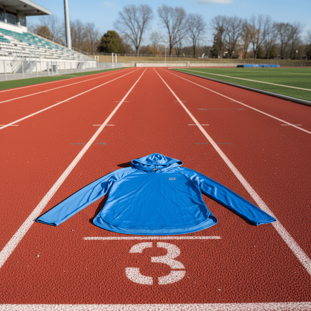 Women's Hooded Sun Protection Running Shirt – UPF Long Sleeve Athletic Top displayed on running track.