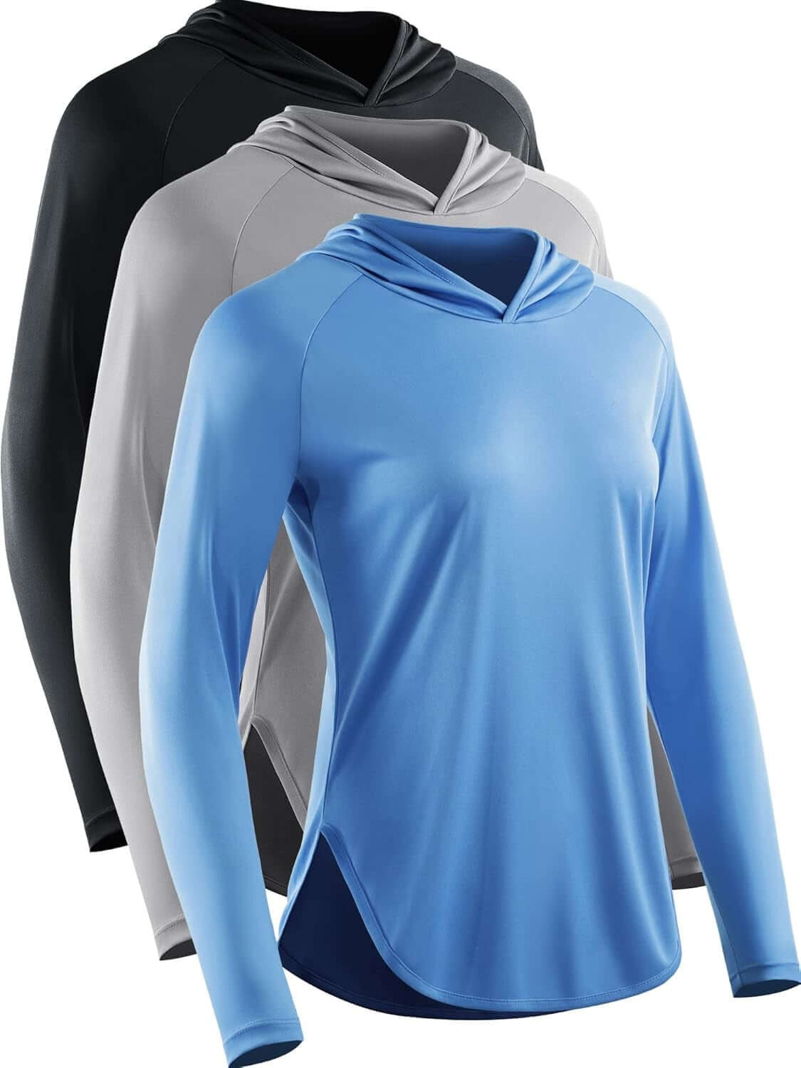 Women's hooded sun-protection running shirt in black, grey, and blue, featuring lightweight comfort and breathable performance.