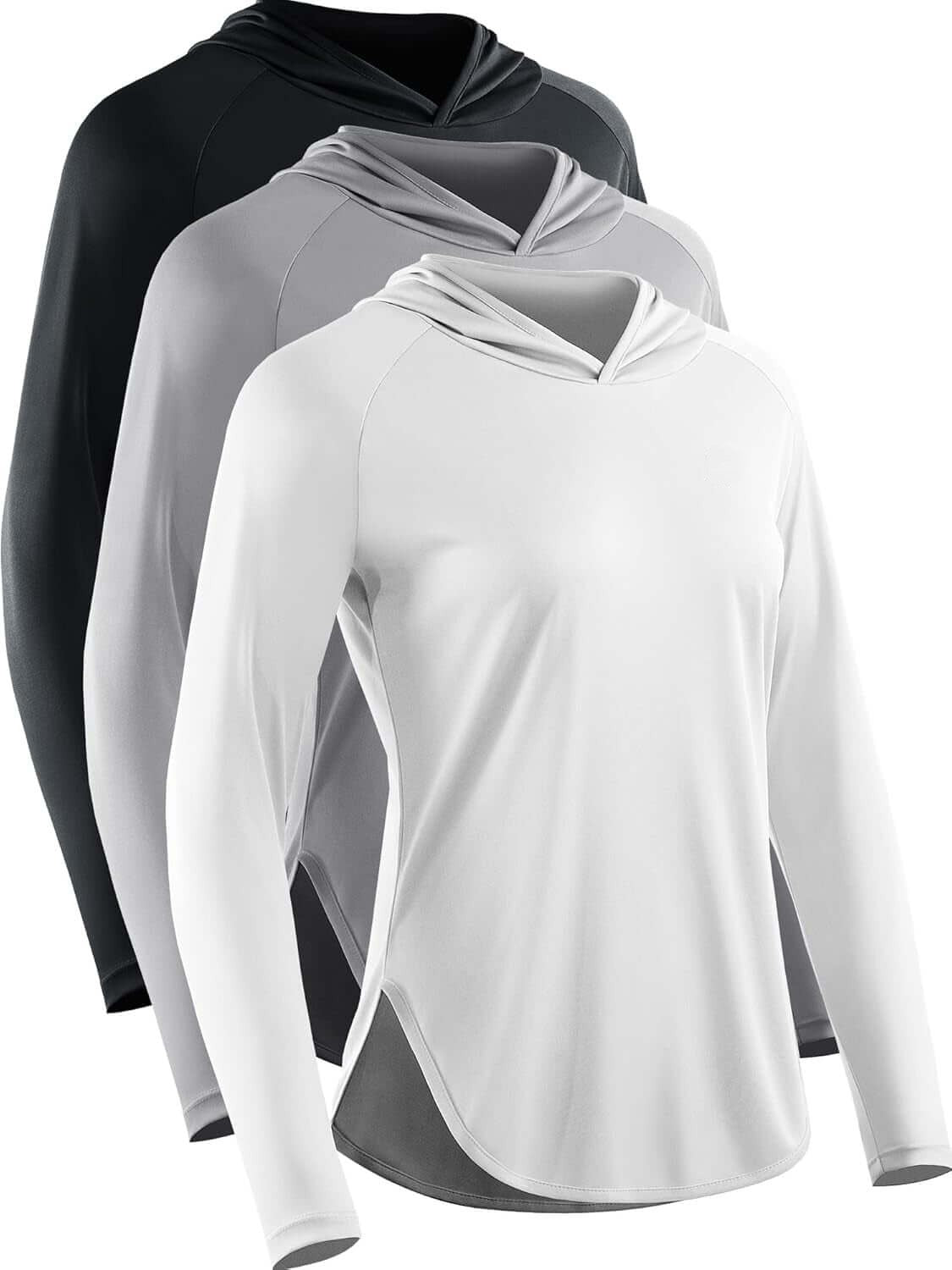 Set of Women's hooded sun-protection running shirts in black, gray, and white colors for outdoor athletes.