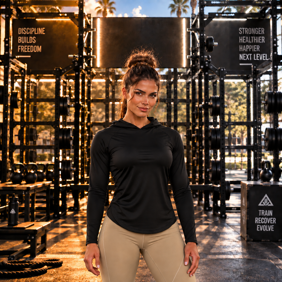 Women's hooded sun-protection running shirt worn by a model in a gym setting with fitness equipment.
