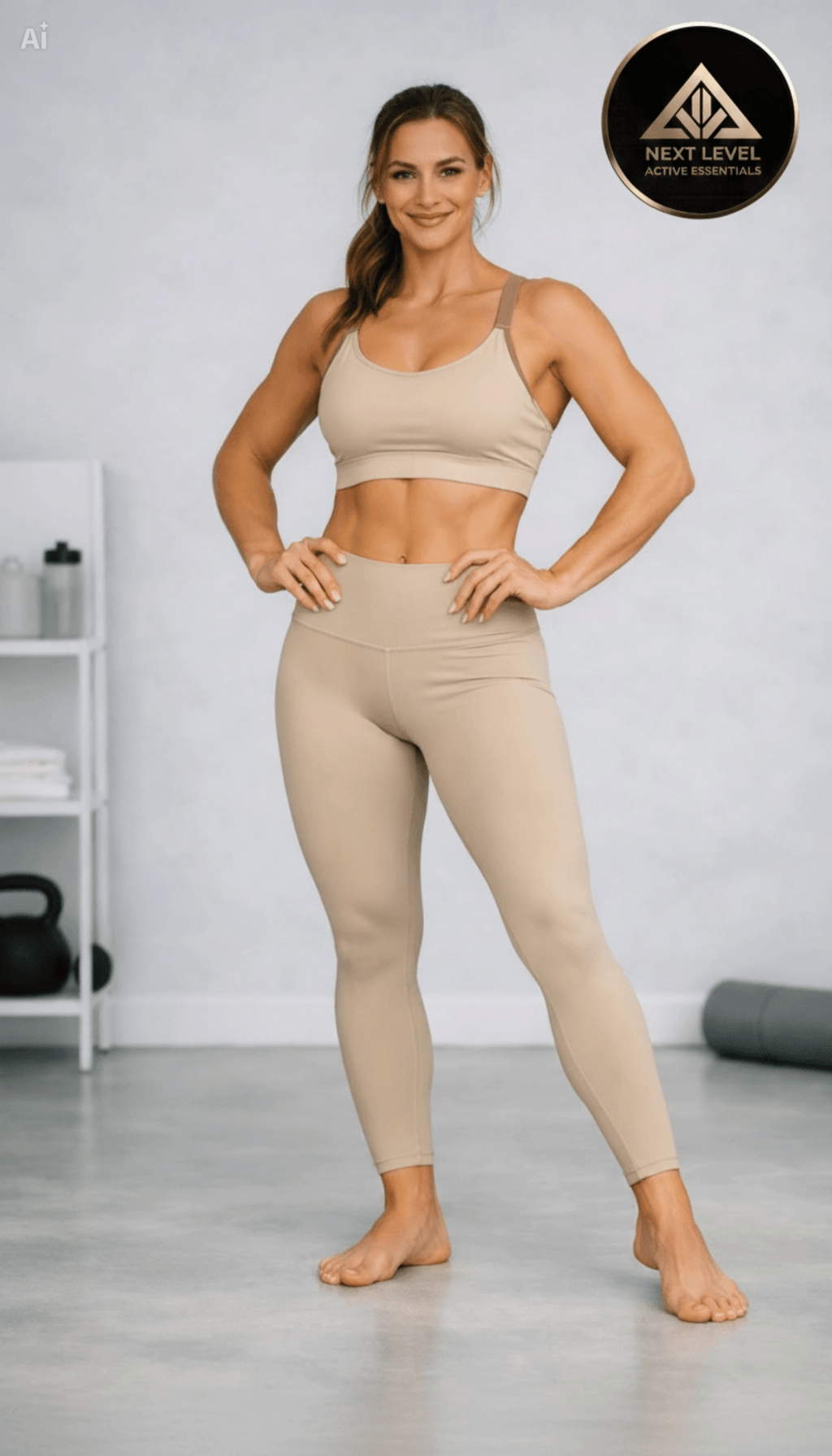 Women’s High-End Yoga Workout Set a female athlete wearing a beige athletic outfit in a gym setting with 'Next Level Athletics' branding.