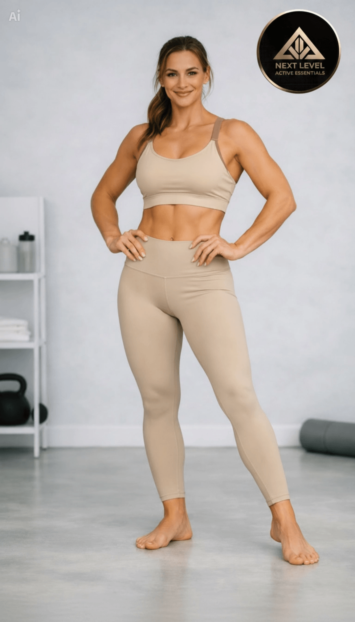 Women’s High-End Yoga Workout Set a female athlete wearing a beige athletic outfit in a gym setting with 'Next Level Athletics' branding.