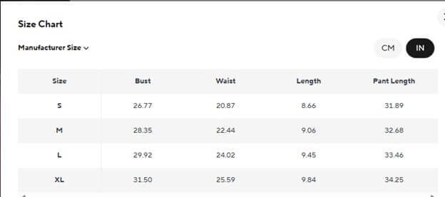 Women’s High-End Yoga Workout Set Size chart for clothing measurements in centimeters and inches