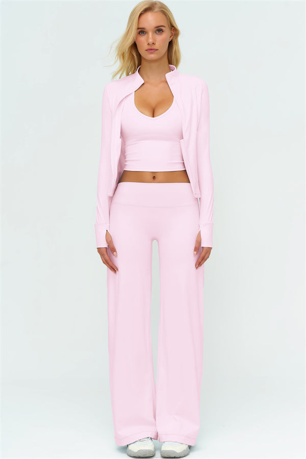 Twirl Zip Jacket Halter Tank Top & Straight‑Leg Pants Set | High-End 3‑Piece Activewear – Fitglutes