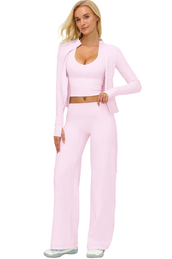 Twirl Zip Jacket Halter Tank Top & Straight‑Leg Pants Set | High-End 3‑Piece Activewear – Fitglutes