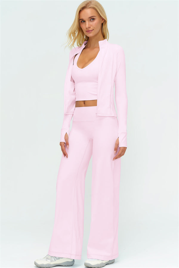 Twirl Zip Jacket Halter Tank Top & Straight‑Leg Pants Set | High-End 3‑Piece Activewear – Fitglutes