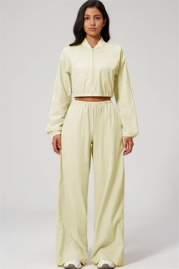 The Spunk UV protection Jacket Sweatpants 2-Piece Set in light yellow, featuring a cropped jacket and wide-leg sweatpants.