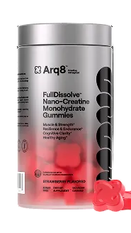 Arq8 Creatine Monohydrate Gummies packaging with gummies in strawberry flavor for muscle and cognitive support.