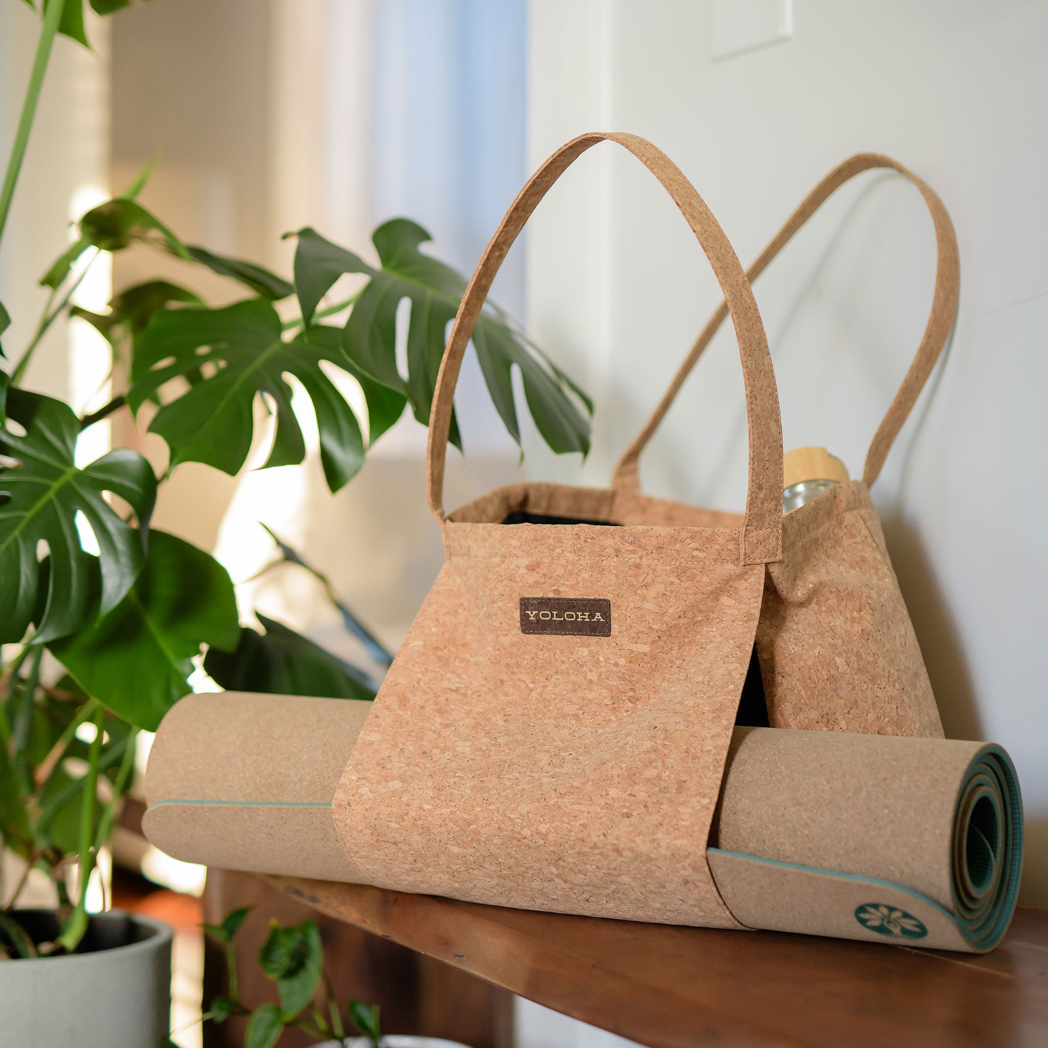 Freshly New Designed Cork Tote Bag with yoga mat holder, stylish cork fabric, and spacious design for everyday use.