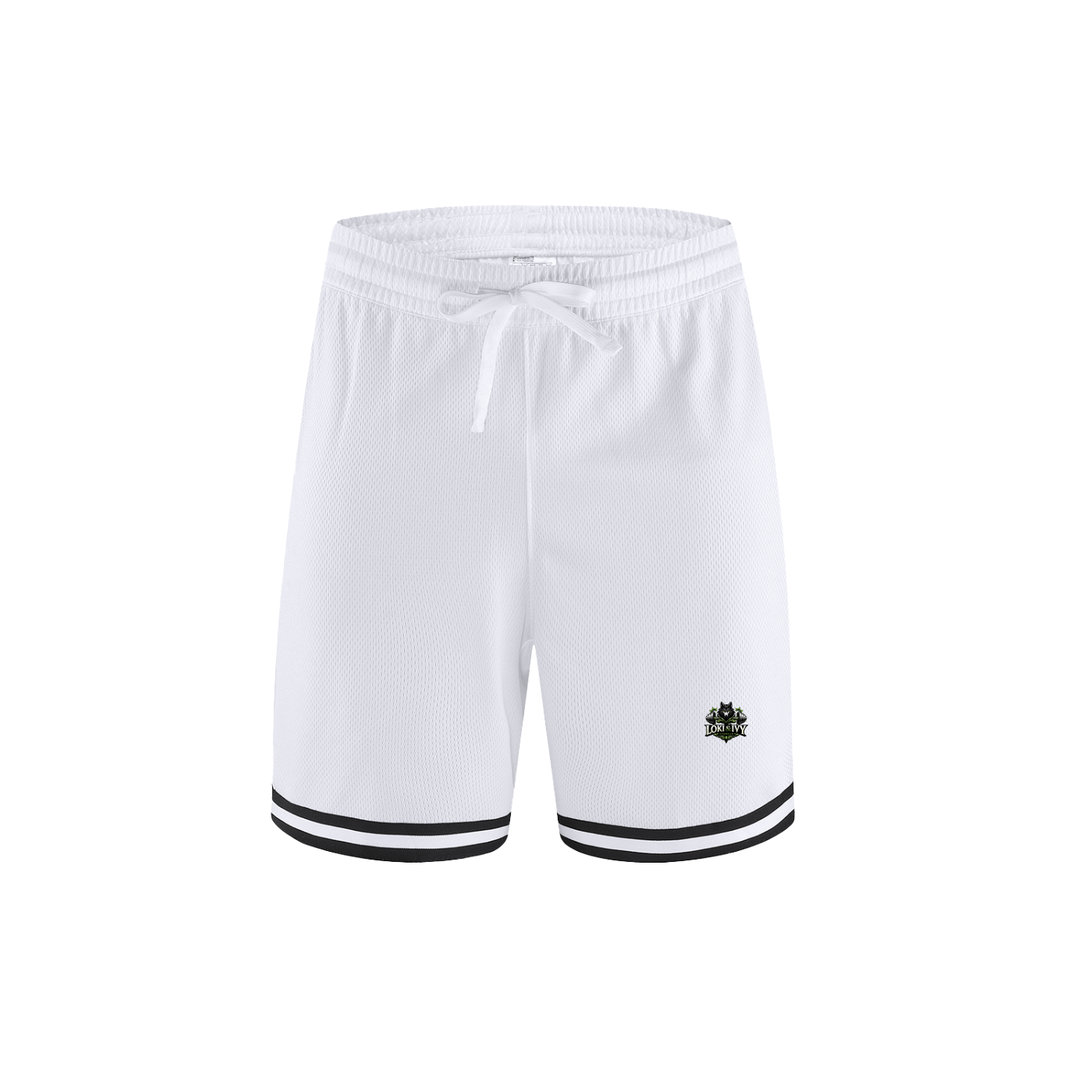 Loki & Ivy Classic Stripe Trim Basketball Shorts in white, featuring striped trim and breathable fabric for comfort.