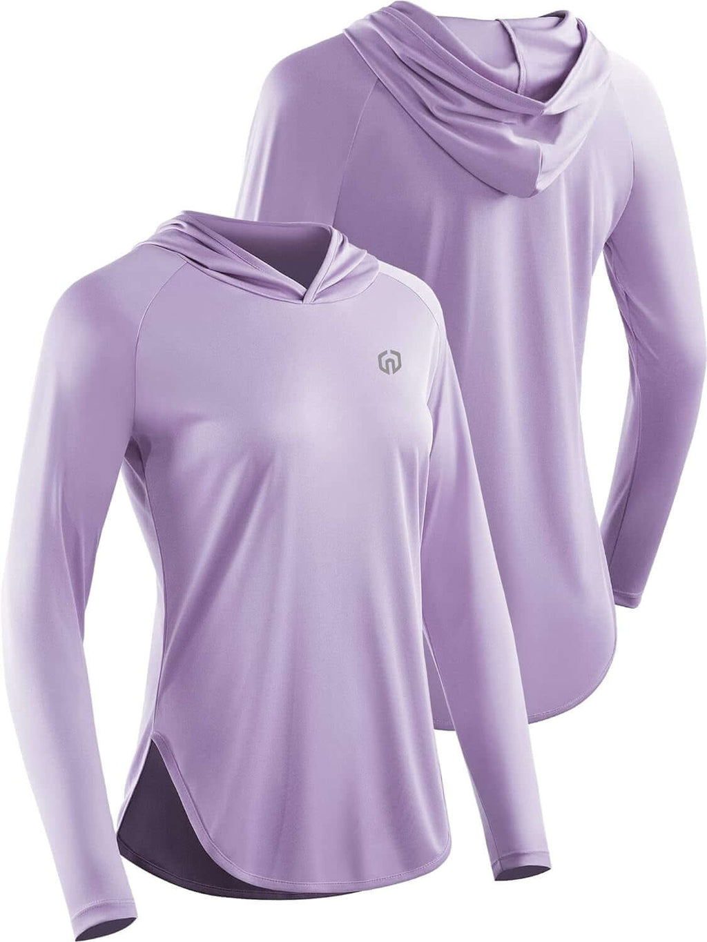 Women's Hooded Sun Protection Running Shirt – UPF Long Sleeve Athletic Top in light purple with integrated hood.