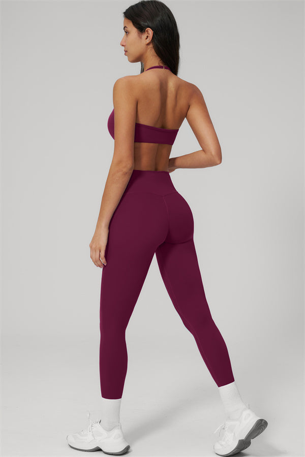 The Rapture Sports Bra Leggings 2-Piece Set in maroon, showcasing the back view of a model wearing the stylish sports bra and leggings.
