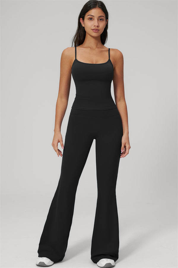 The Rapture Tank Top Flared Leggings 2-Piece Set features a fitted tank top and flared leggings in black.