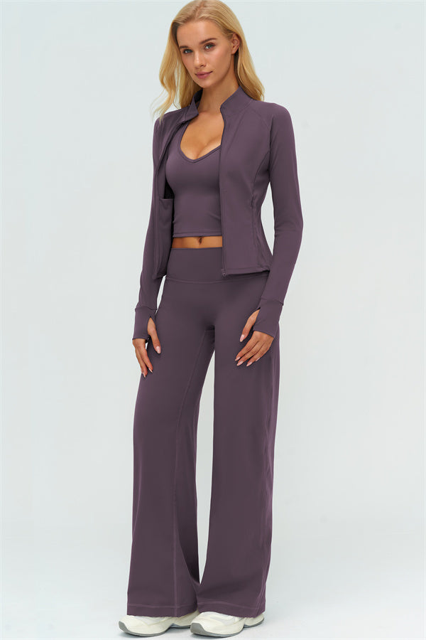 Twirl Zip Jacket Halter Tank Top & Straight‑Leg Pants Set | High-End 3‑Piece Activewear – Fitglutes
