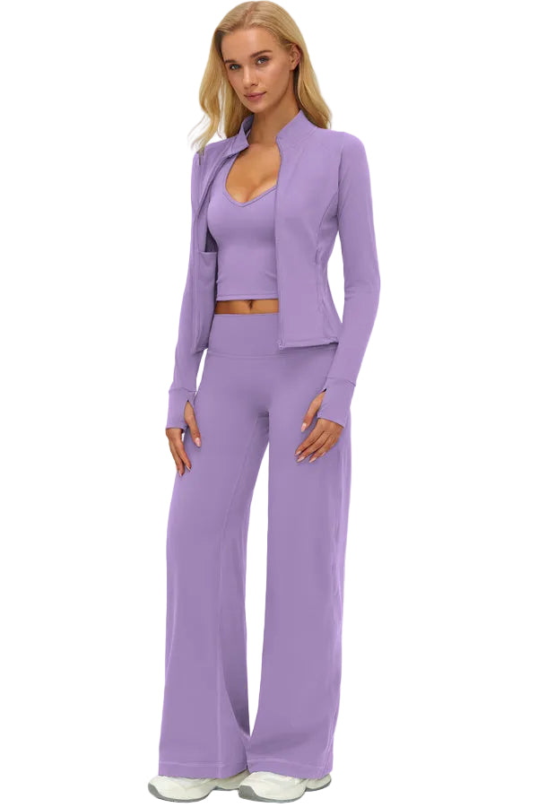 Twirl Zip Jacket Halter Tank Top & Straight‑Leg Pants Set | High-End 3‑Piece Activewear – Fitglutes
