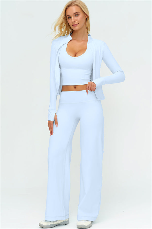 Twirl Zip Jacket Halter Tank Top & Straight‑Leg Pants Set | High-End 3‑Piece Activewear – Fitglutes