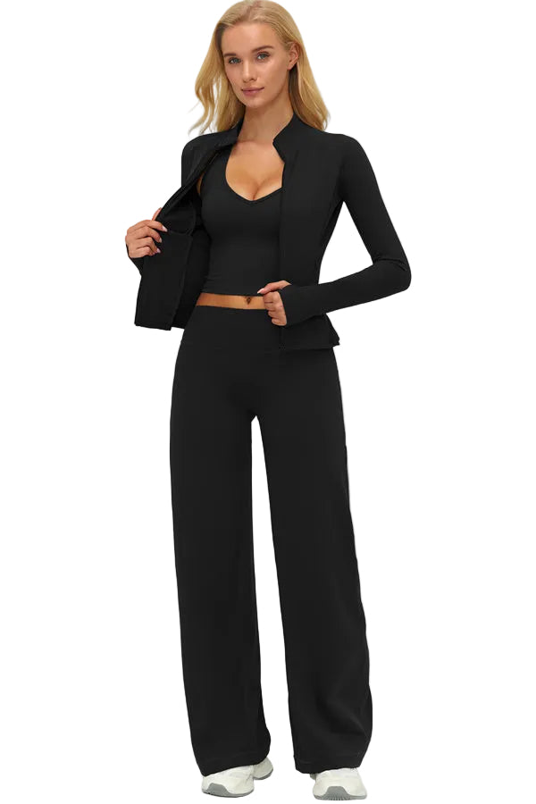 Twirl Zip Jacket Halter Tank Top & Straight‑Leg Pants Set | High-End 3‑Piece Activewear – Fitglutes