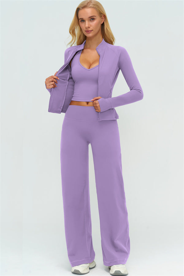 Twirl Zip Jacket Halter Tank Top & Straight‑Leg Pants Set | High-End 3‑Piece Activewear – Fitglutes