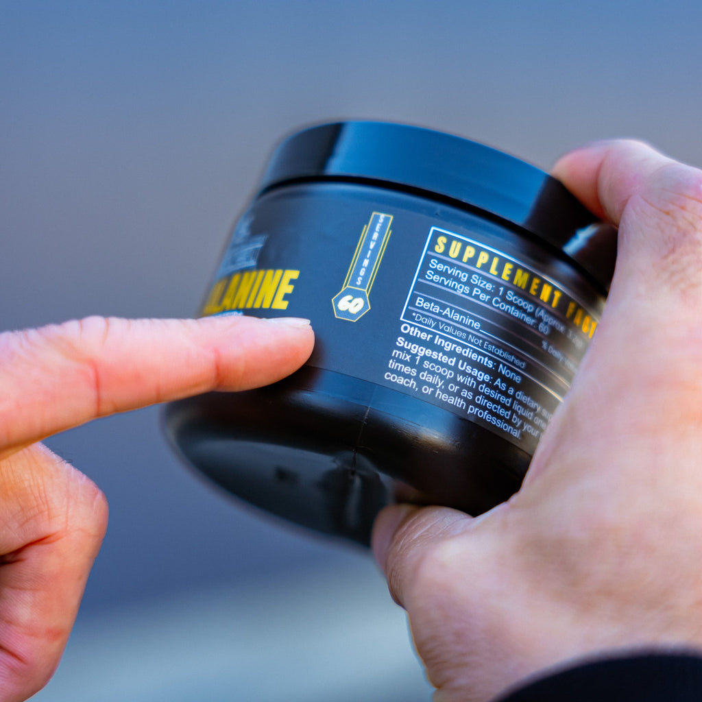 BETA ALANINE POWER FROM BLACKLABEL SUPPLEMENTS container with ingredient details and serving suggestion.