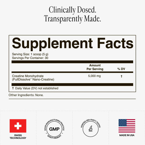 Supplement facts for Arq8 Creatine Monohydrate Powder showing dosage and ingredients information.