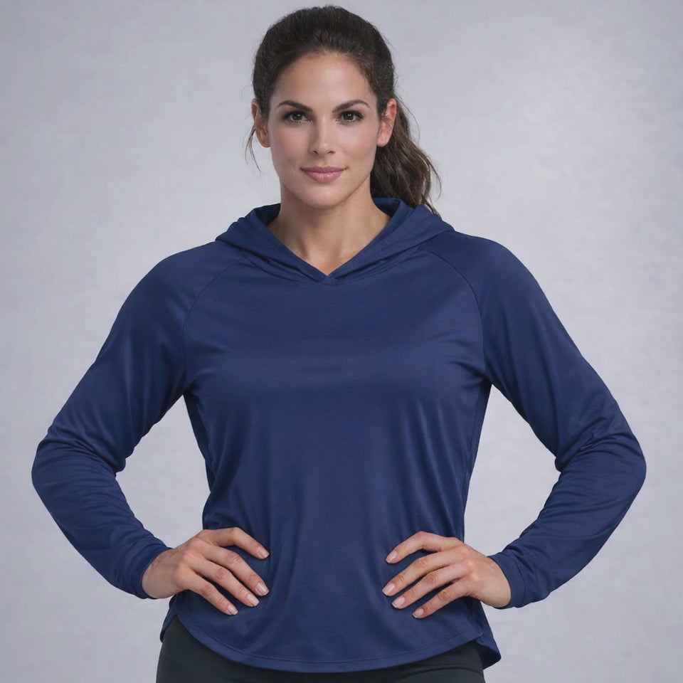 Women's Hooded Sun Protection Running Shirt – UPF Long Sleeve Athletic Top in navy blue, perfect for outdoor training.