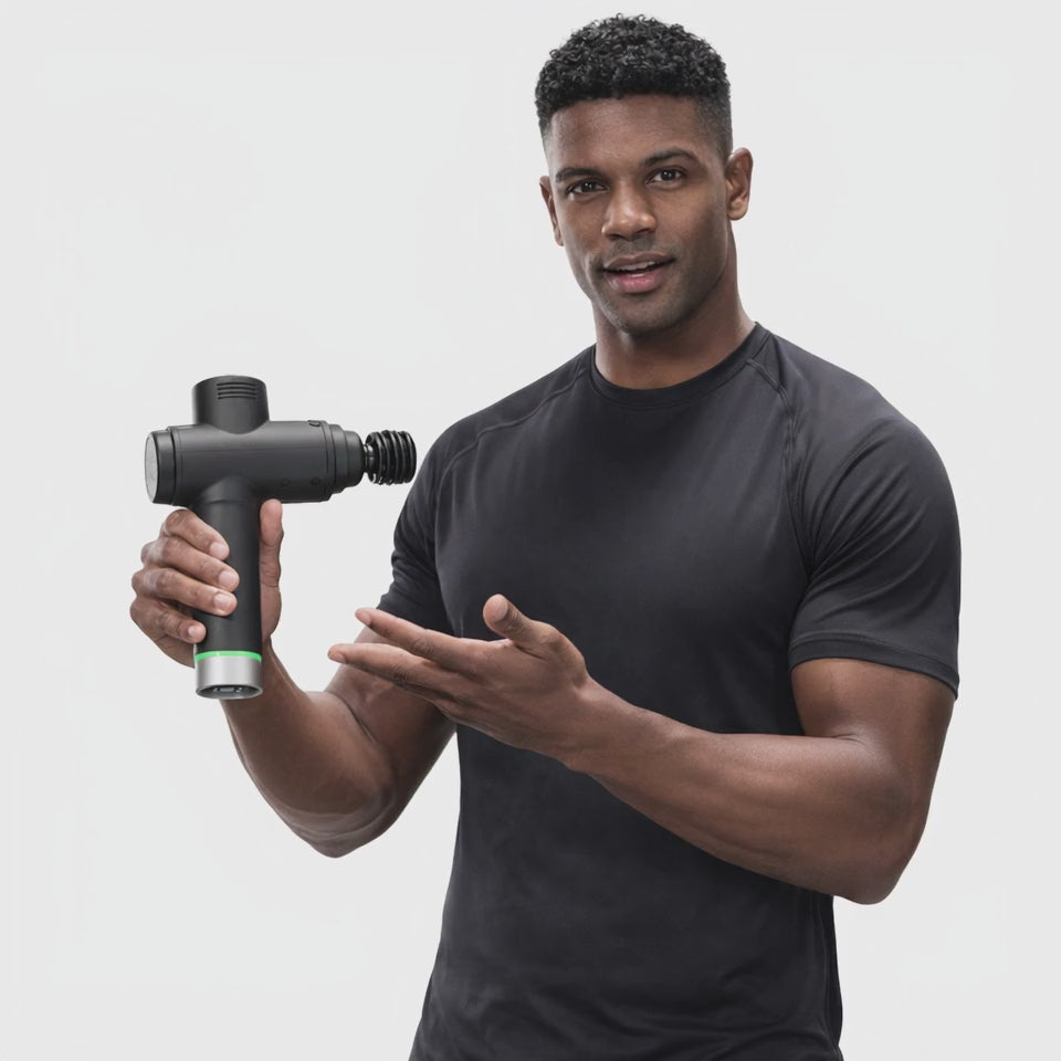 Professional Deep Tissue Massage Gun – Portable Percussion Muscle Recovery Device held by a man in a black shirt.