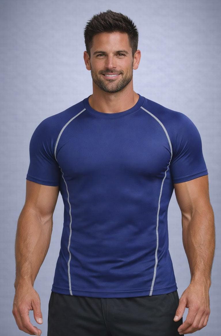 Video of the Men's quick-dry performance training compression shirt for Running & HIIT in blue, perfect for workouts. Personal trainer going over the features and benefits of the men's quick-dry performance training compression shirt