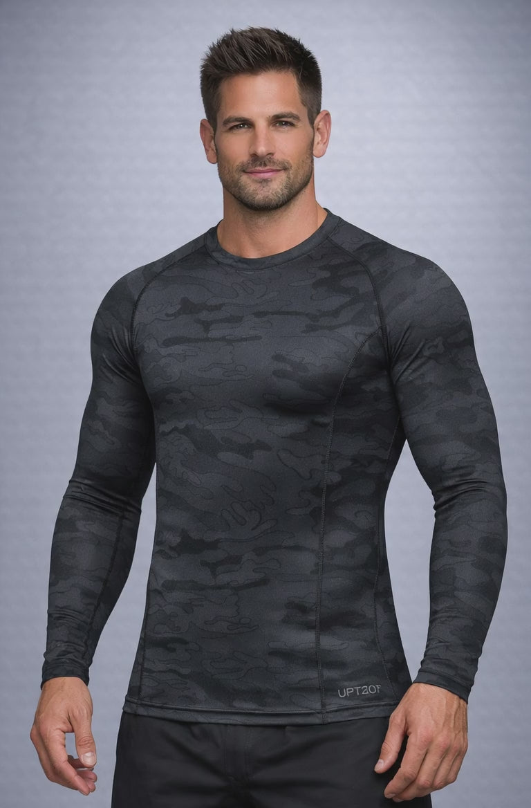 Men's UPF 50+ Long Sleeve Compression Rash Guard – Water Sports & Athletic Base Layer Shirt in black camouflage design.
