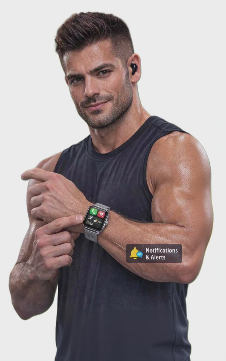 Fitness Smartwatch – Bluetooth Calling, Full Touch Screen, Multi-Sport Tracking worn by a man showing notifications