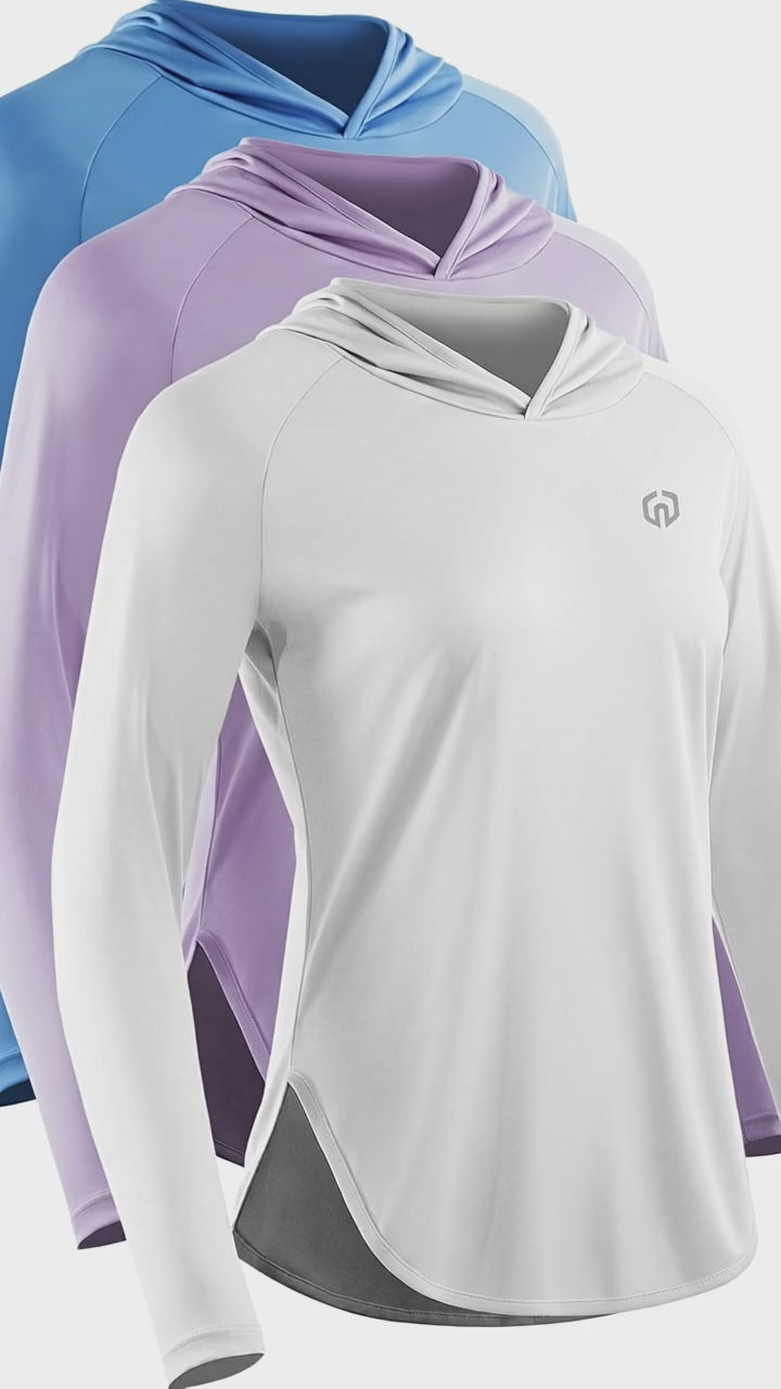 Women's Hooded Sun Protection Running Shirt – UPF Long Sleeve Athletic Top in various colors.