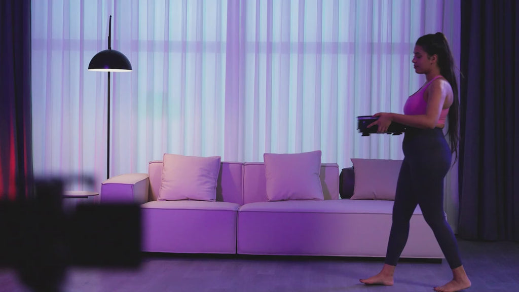 Vibration Plate Exercise Machine – Full-Body Fitness Platform with Resistance Bands in a home setting.