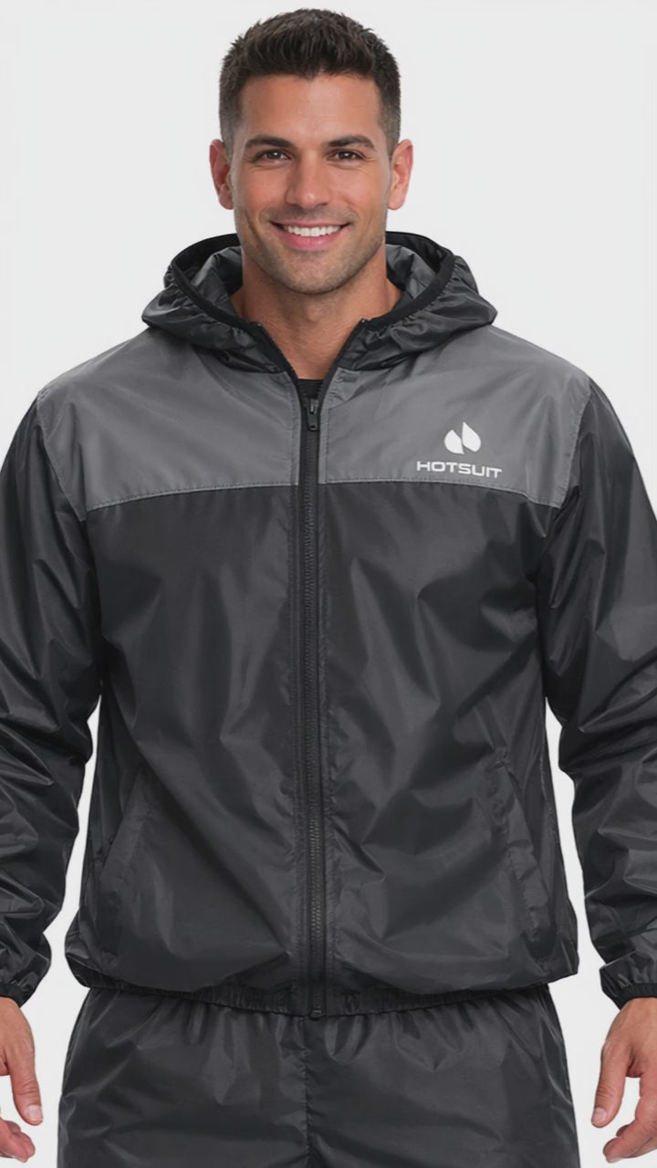 Men's Full Body Sauna Suit – Premium Sweat Suit for Gym & Cardio in black with hood, designed for workouts.