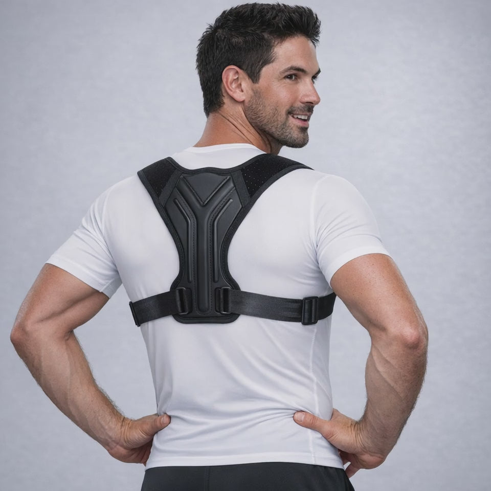 Man demonstrating Adjustable Upper-Body Support Strap for improved posture and body alignment.