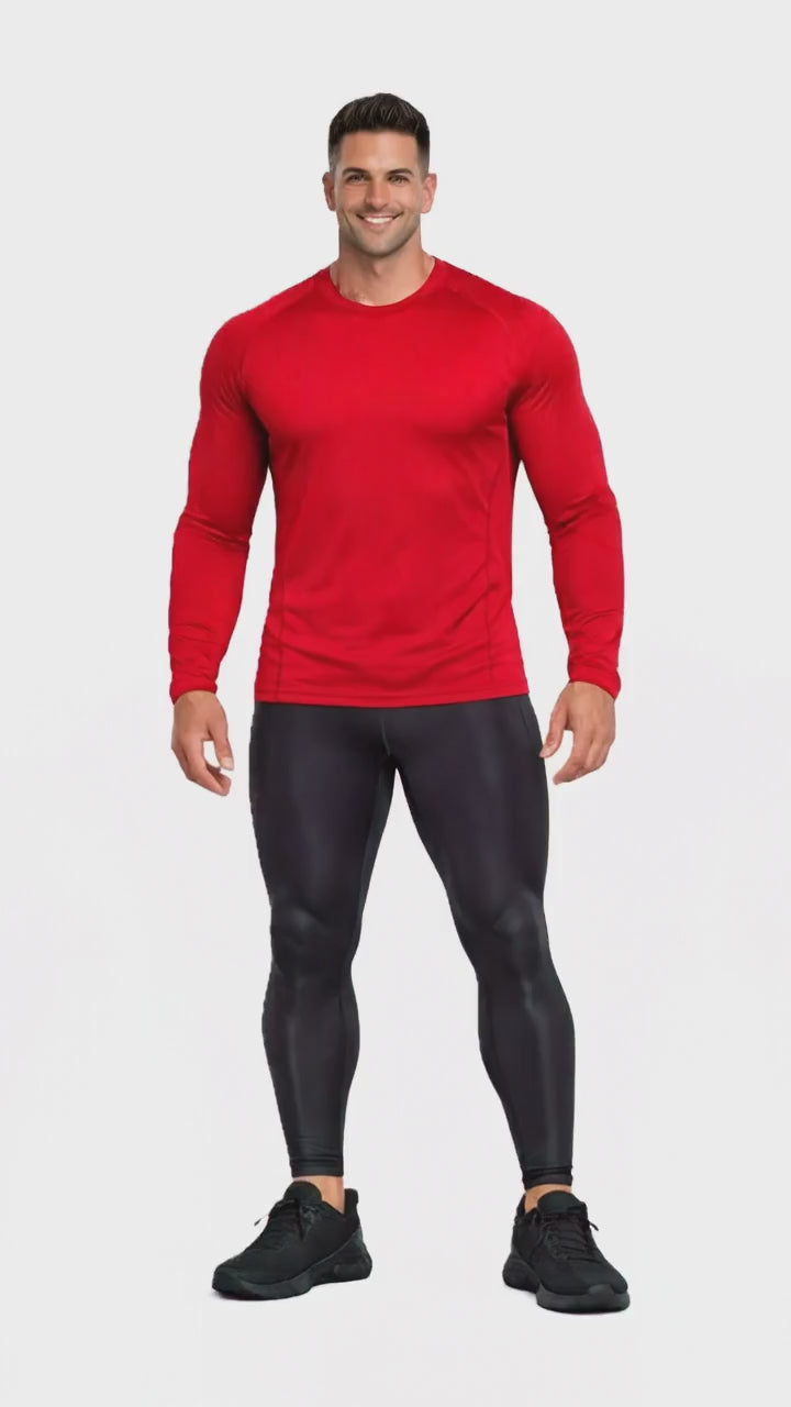 Men's UPF 50+ Long Sleeve Compression Rash Guard – Water Sports & Athletic Base Layer Shirt modeled by a man in red and black.