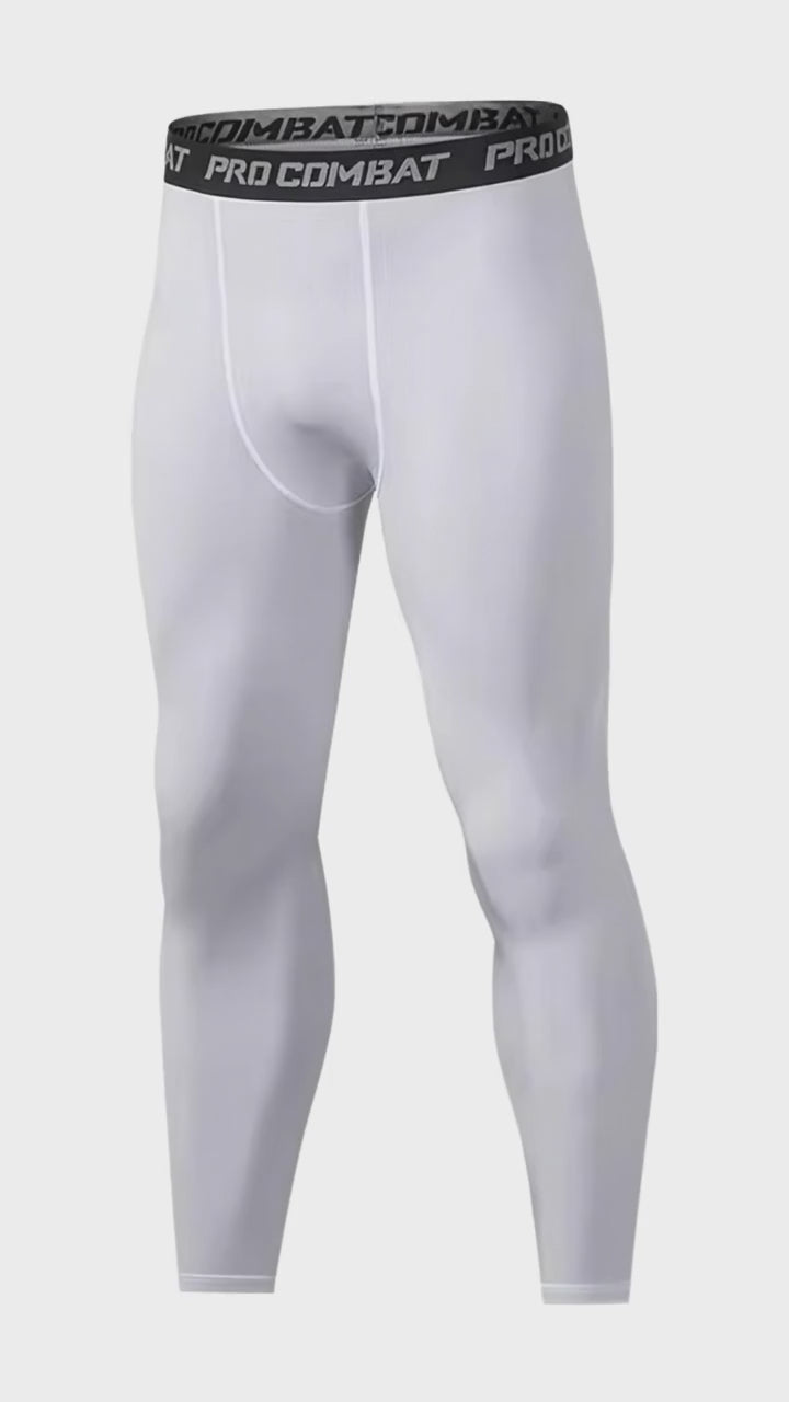 Men's Recovery Compression Tights – Quick-Dry Running Tights & Workout Leggings in white color and Pro Combat branding.