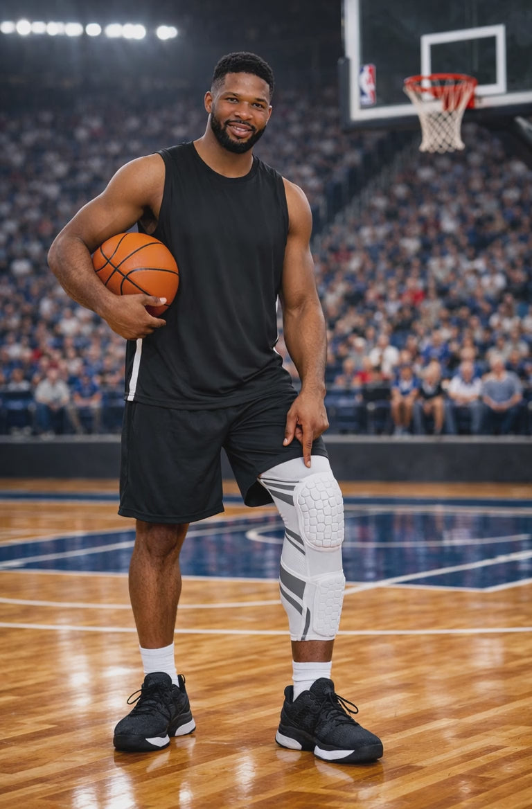 Padded Compression Leg Sleeve – Knee & Shin Protection for Sports & Training worn by a basketball player on court.