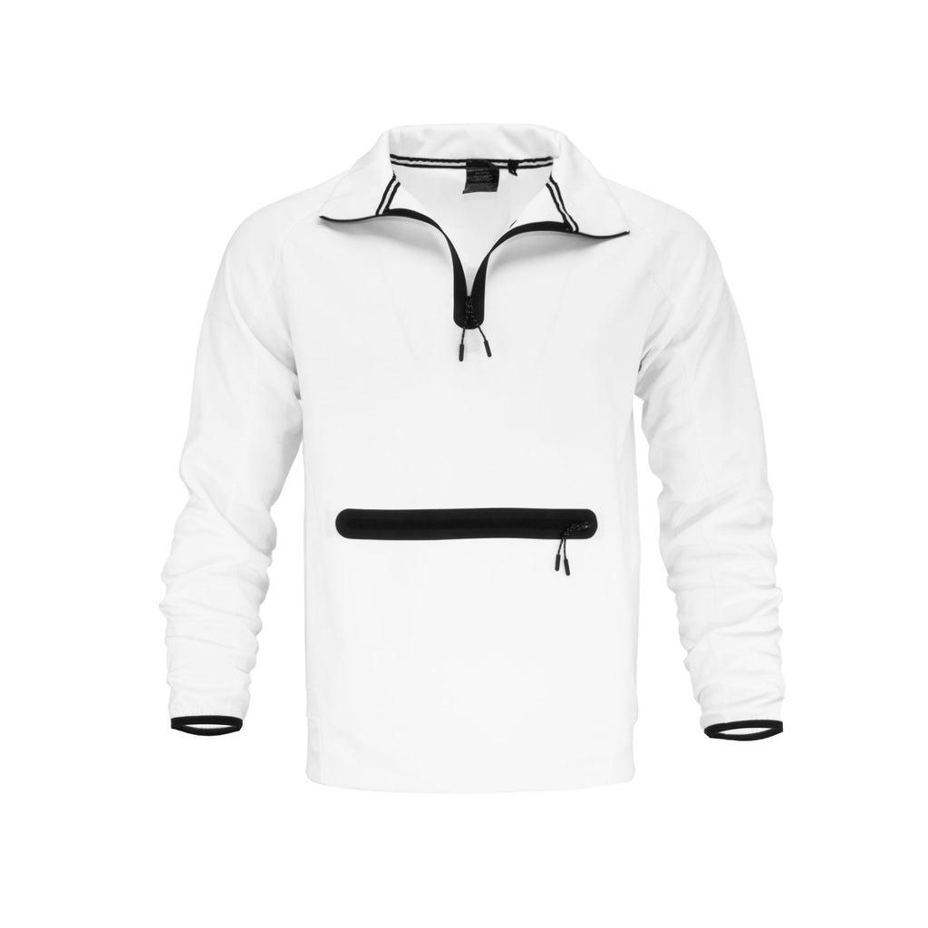 Men's Ultra Tech Fleece Set white zip-up sweatshirt with modern design and pocket.