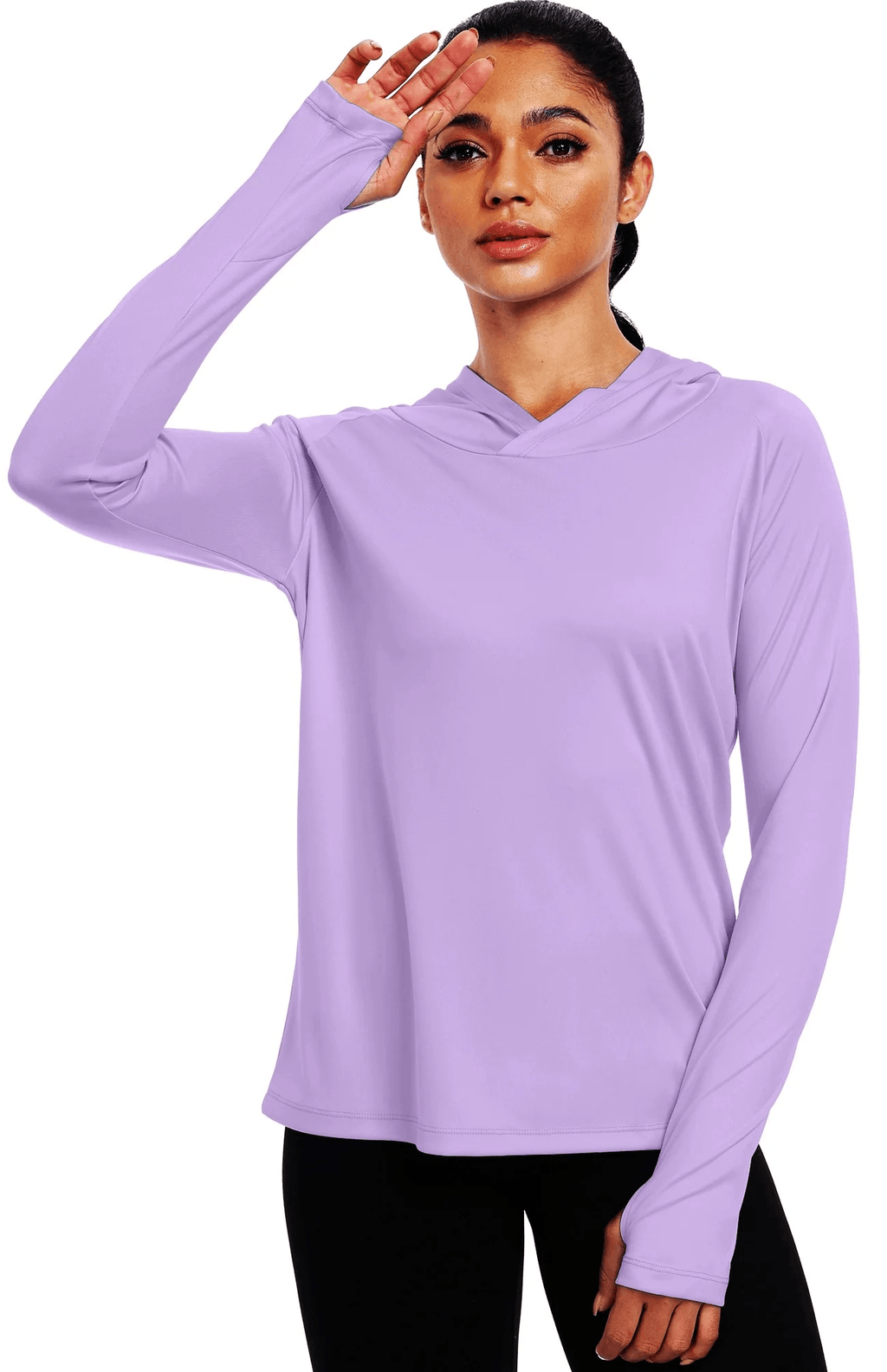 Women's Hooded Sun Protection Running Shirt – UPF Long Sleeve Athletic Top in purple worn by a woman, ideal for outdoor training.